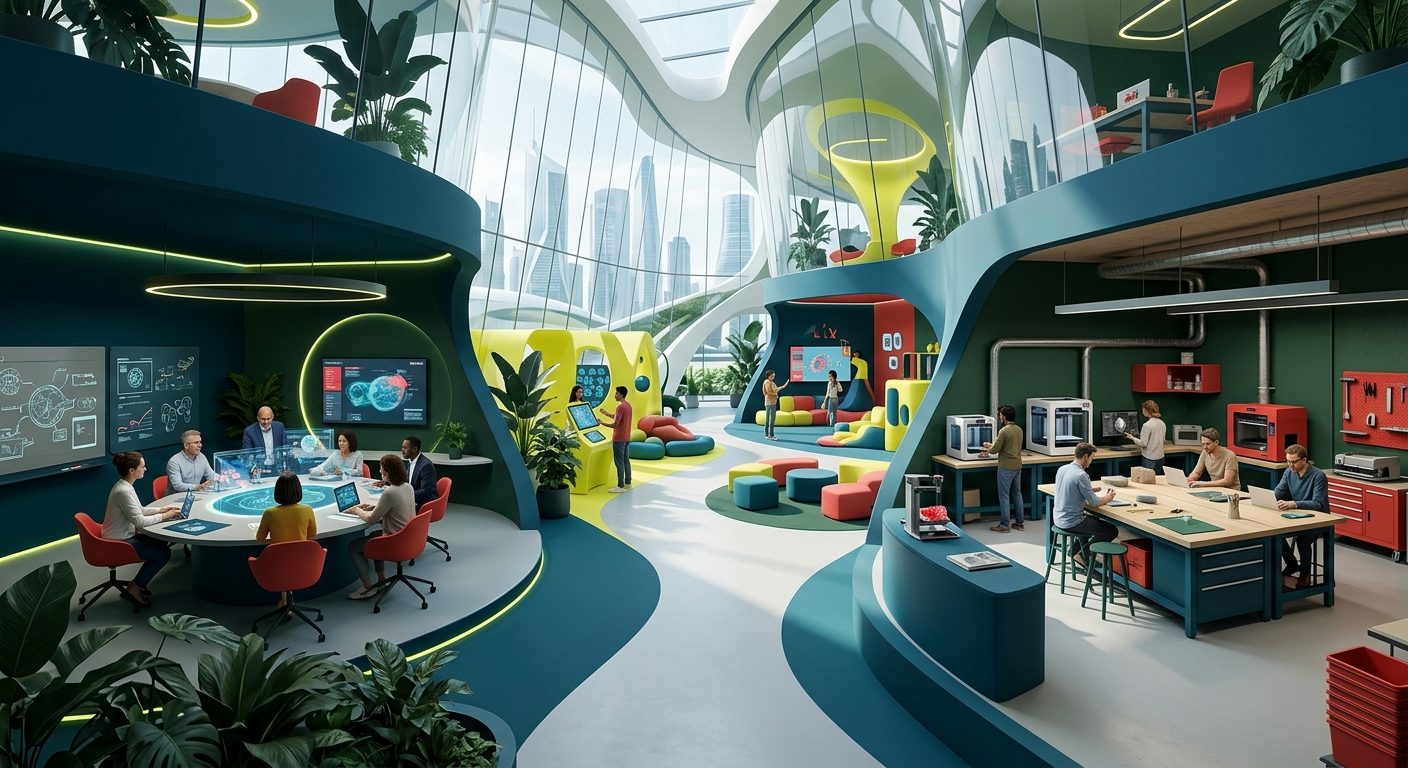 Bauraum: futuristischer Innovationsraum mit Denk-, Spiel- und Werkstattzone